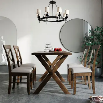 Набор для обеденного кухонного стола из 5 предметов, обеденный стол современного дизайна X и 4 обеденных стула с мягкой обивкой, коричневый + бежевый