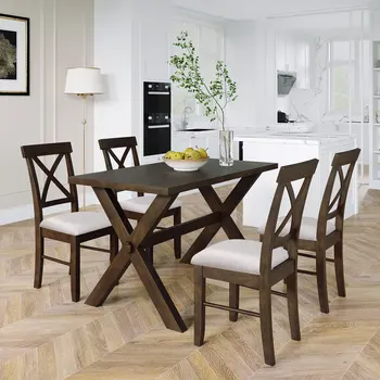 Набор для обеденного кухонного стола из 5 предметов, обеденный стол современного дизайна X и 4 обеденных стула с мягкой обивкой, коричневый + бежевый