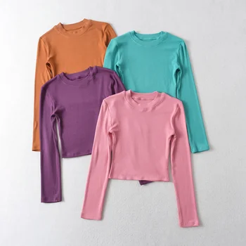 Корейские модные укороченные топы, сексуальные белые топы с круглым вырезом, женские летние футболки с длинным рукавом 2023, женская одежда, розовый топ, одежда kawaii в рубчик