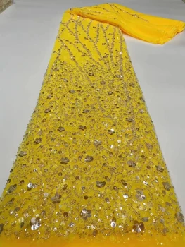 Евроамериканская изысканная сетчатая пряжа, расшитая бисером, блестками, кружевная вышивка, свадебное платье, ткань для вечернего платья, 5 ярдов