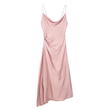 2023 женское новое атласное платье с нижней юбкой, сексуальное и нежное платье персикового цвета, тонкая талия, дизайн в европейском и американском стиле
