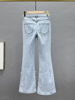 Расшитые бисером джинсы с разрезом для женщин, Новые летние джинсы с высокой талией, облегающие джинсы, Европейские товары, украшенные бриллиантами брюки длиной до щиколотки с вырезами для ботинок