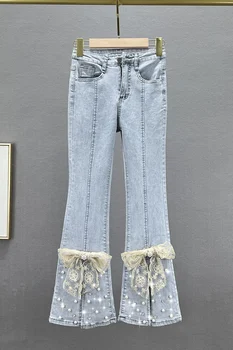 Расшитые бисером джинсы с разрезом для женщин, Новые летние джинсы с высокой талией, облегающие джинсы, Европейские товары, украшенные бриллиантами брюки длиной до щиколотки с вырезами для ботинок
