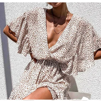 2020 Женские летние платья с леопардовым принтом, сарафаны, сексуальное пляжное платье с глубоким V-образным вырезом и рюшами на пуговицах сзади, женская праздничная одежда