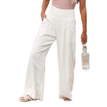 Однотонные широкие брюки для женщин, весенне-летние дышащие хлопковые и льняные Популярные свободные брюки с эластичной резинкой на талии для женщин