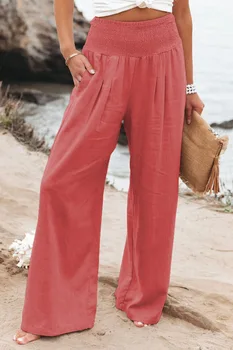 Однотонные широкие брюки для женщин, весенне-летние дышащие хлопковые и льняные Популярные свободные брюки с эластичной резинкой на талии для женщин