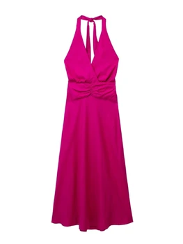 Летнее Новое льняное платье в иностранном стиле с V-образным вырезом и висячим вырезом на талии, тонкая длинная юбка
