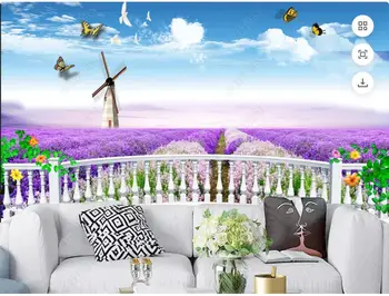фото обоев, 3d фреска на заказ, лаванда, бабочка, цветы на окнах балкона, домашний декор, обои для стен, 3d спальня
