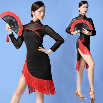 Женское винтажное платье для латиноамериканских танцев С длинным рукавом, тренировочный танцевальный костюм, квадратный Сексуальный костюм с кисточками, Румба, Vestido, Танго