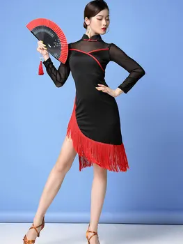 Женское винтажное платье для латиноамериканских танцев С длинным рукавом, тренировочный танцевальный костюм, квадратный Сексуальный костюм с кисточками, Румба, Vestido, Танго